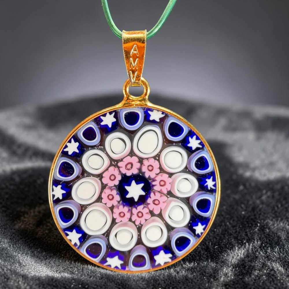 AMV Murano Millefiori Glass Pendant Hand Made Glass Italy‎ Blue Pink Star VTG